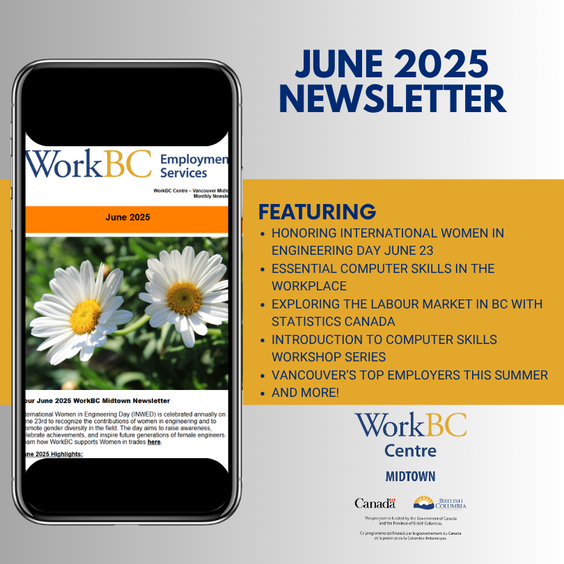WorkBC Midtown June newsletter displayed on an iPhone against a plain grey background.